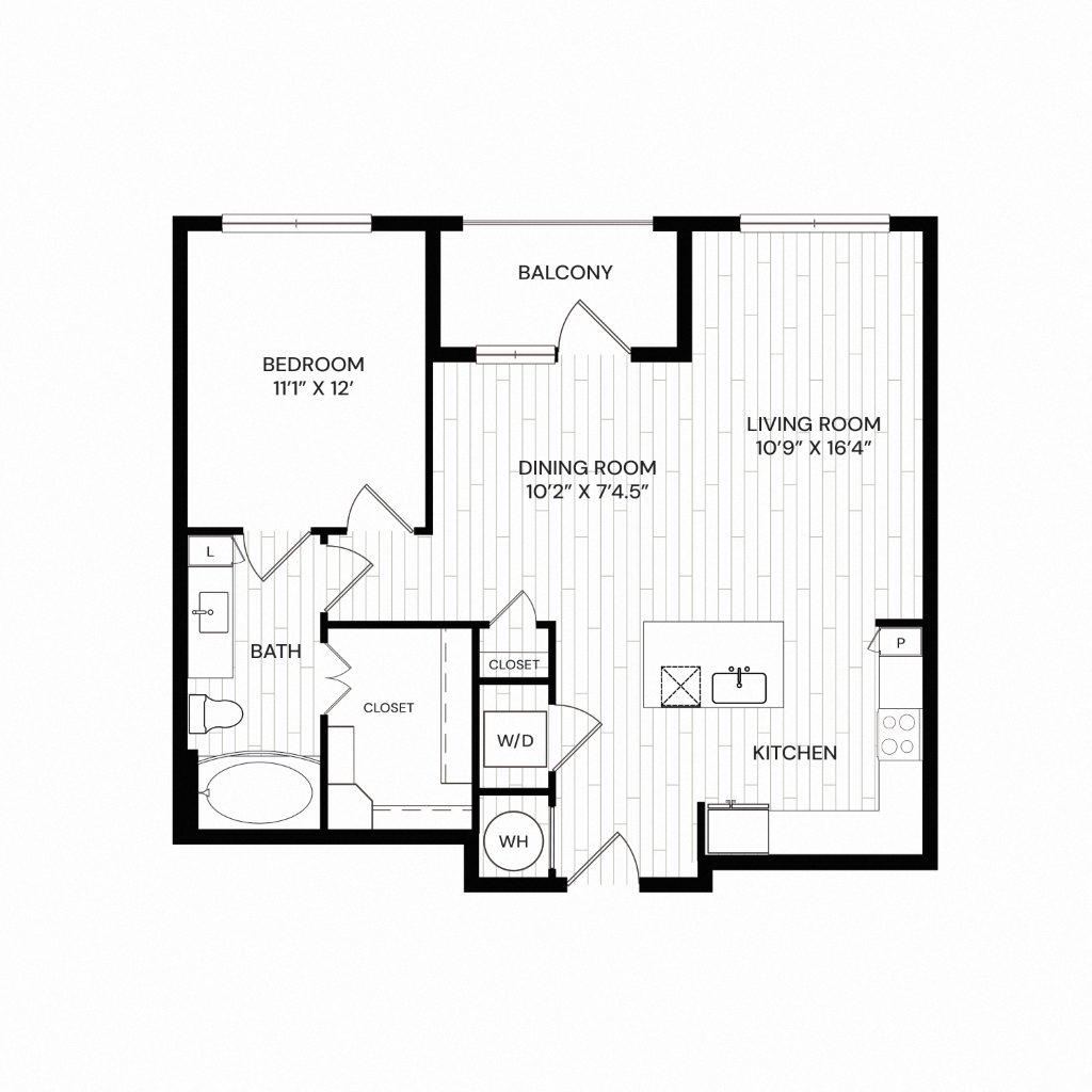 Floor plan for 1 bed, 1 bath, 815 sqft
